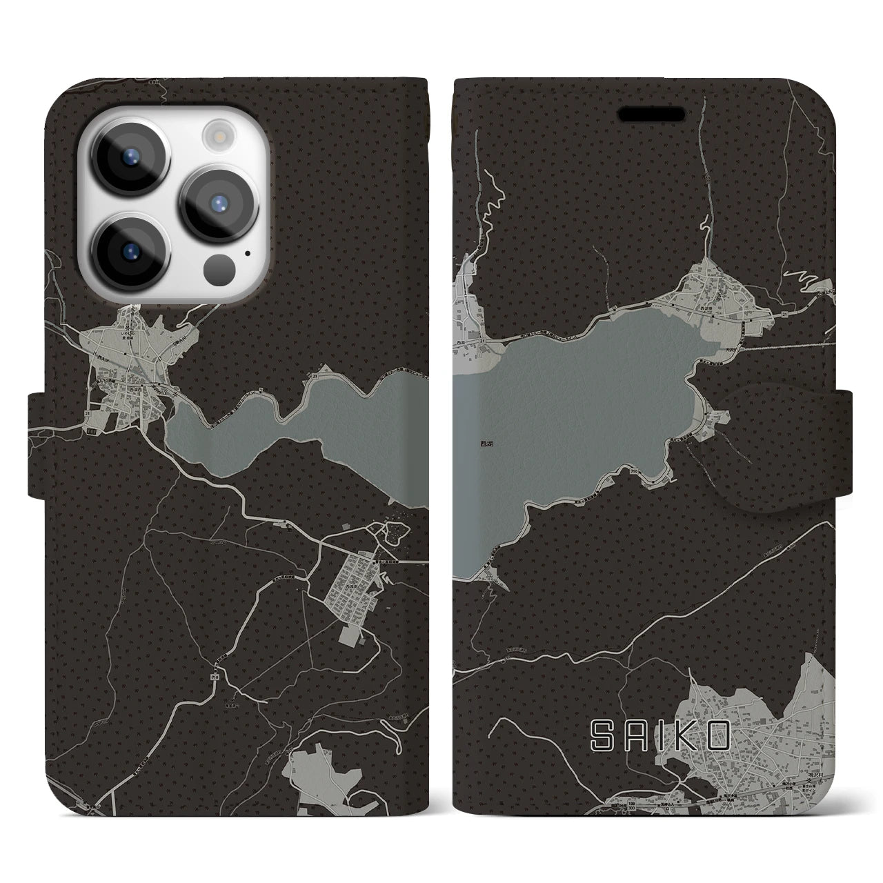 【西湖(山梨県)】地図柄iPhoneケース(手帳タイプ)モノトーン・iPhone 14 Pro 用