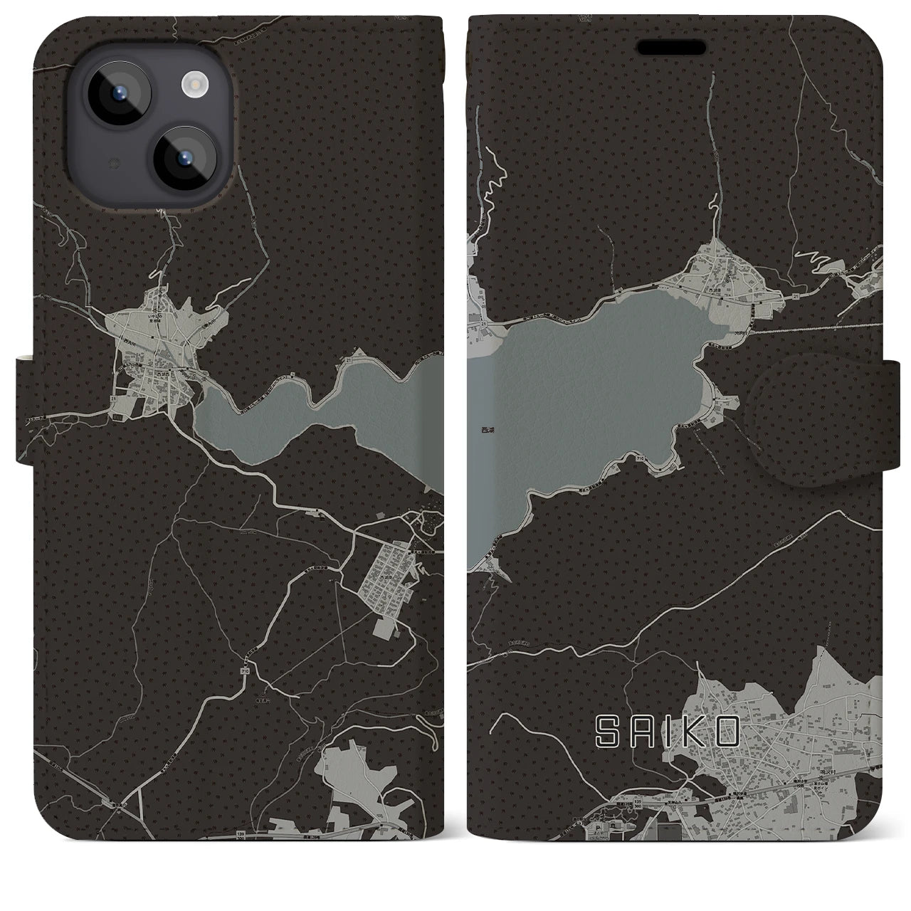 【西湖(山梨県)】地図柄iPhoneケース(手帳タイプ)モノトーン・iPhone 14 Plus 用