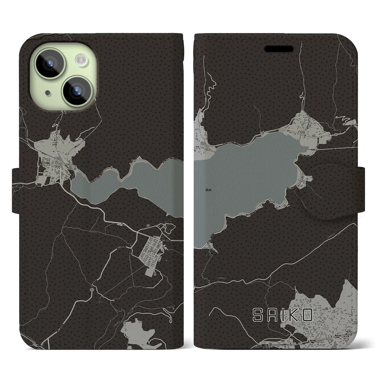 【西湖(山梨県)】地図柄iPhoneケース(手帳タイプ)モノトーン・iPhone 15 用