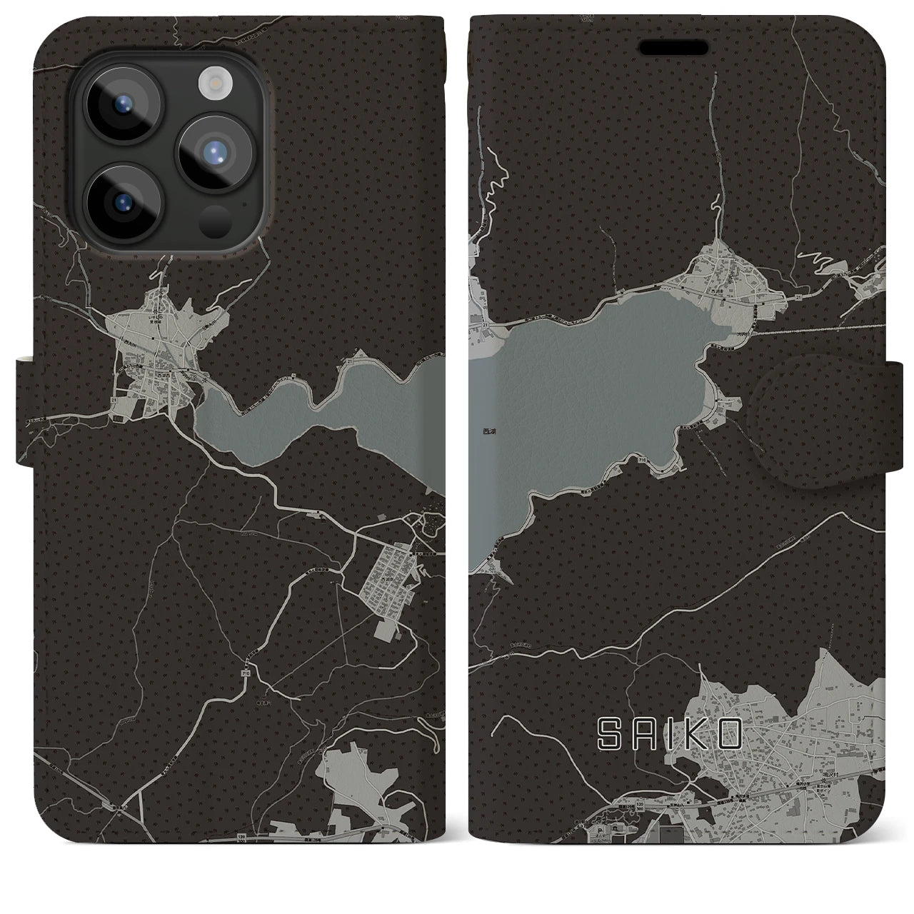 【西湖(山梨県)】地図柄iPhoneケース(手帳タイプ)モノトーン・iPhone 15 Pro Max 用