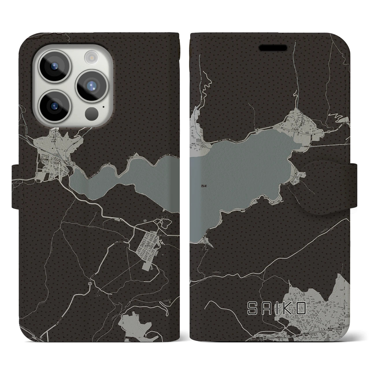 【西湖(山梨県)】地図柄iPhoneケース(手帳タイプ)モノトーン・iPhone 15 Pro 用