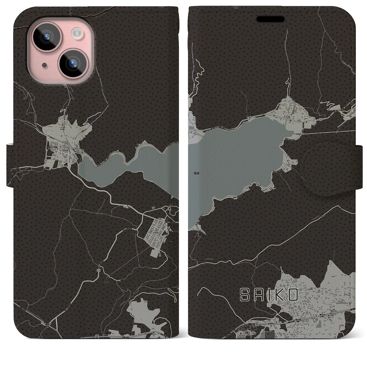 【西湖(山梨県)】地図柄iPhoneケース(手帳タイプ)モノトーン・iPhone 15 Plus 用