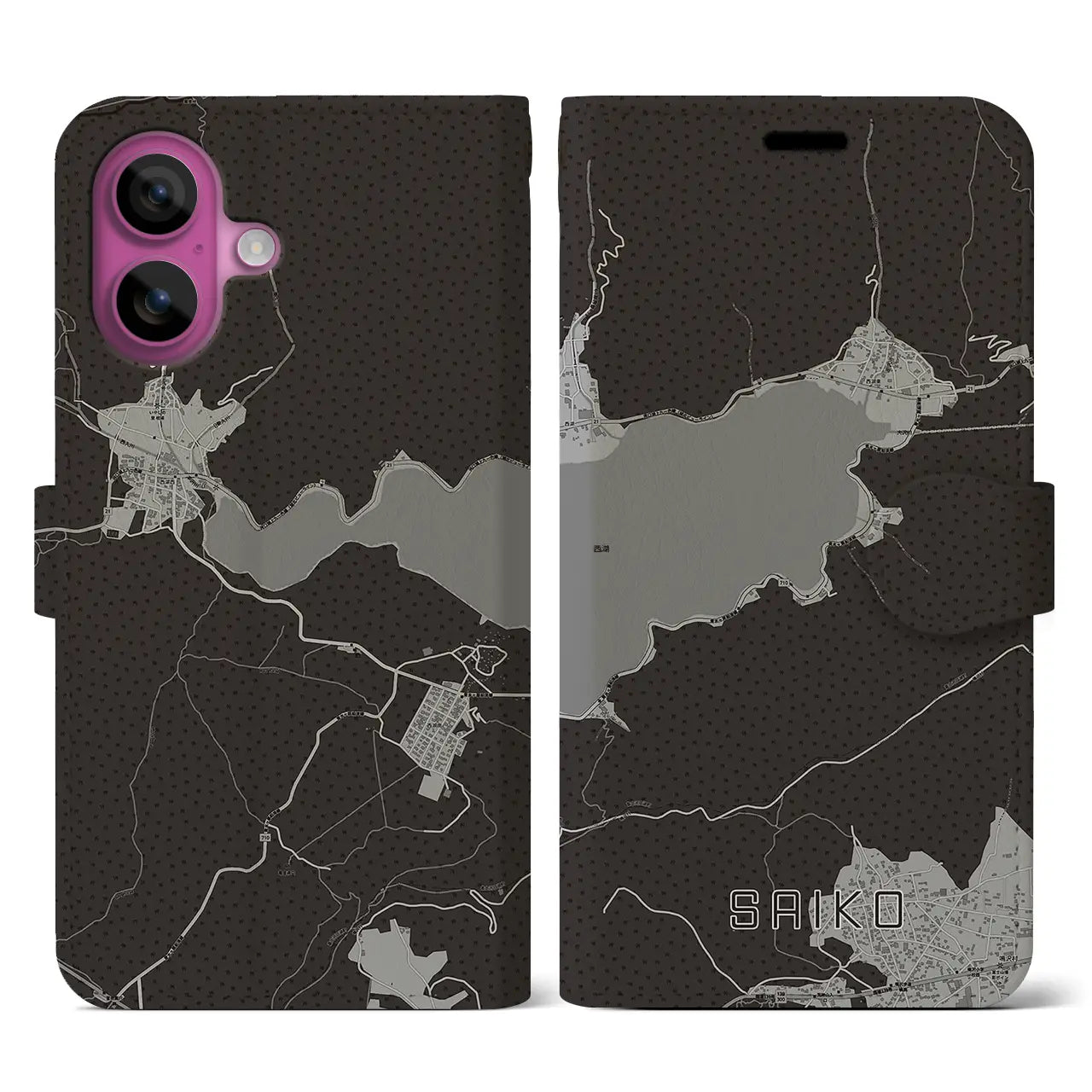 【西湖(山梨県)】地図柄iPhoneケース(手帳タイプ)モノトーン・iPhone 16 Pro 用
