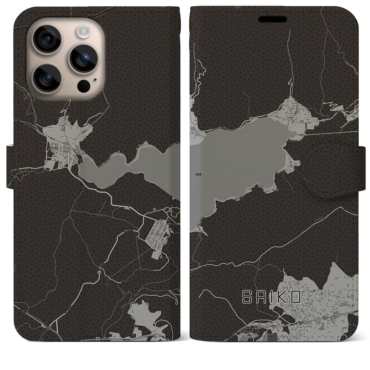 【西湖(山梨県)】地図柄iPhoneケース(手帳タイプ)モノトーン・iPhone 16 Plus 用