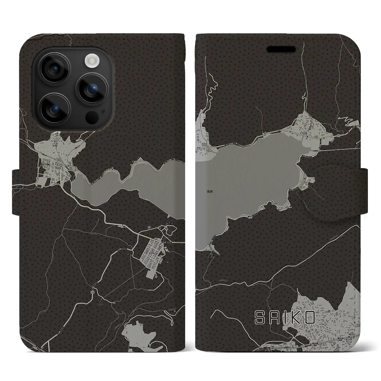 【西湖(山梨県)】地図柄iPhoneケース(手帳タイプ)モノトーン・iPhone 16 用