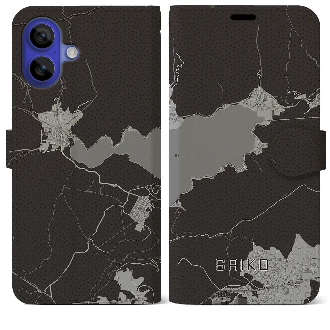 【西湖(山梨県)】地図柄iPhoneケース(手帳タイプ)モノトーン・iPhone 16 Pro Max 用