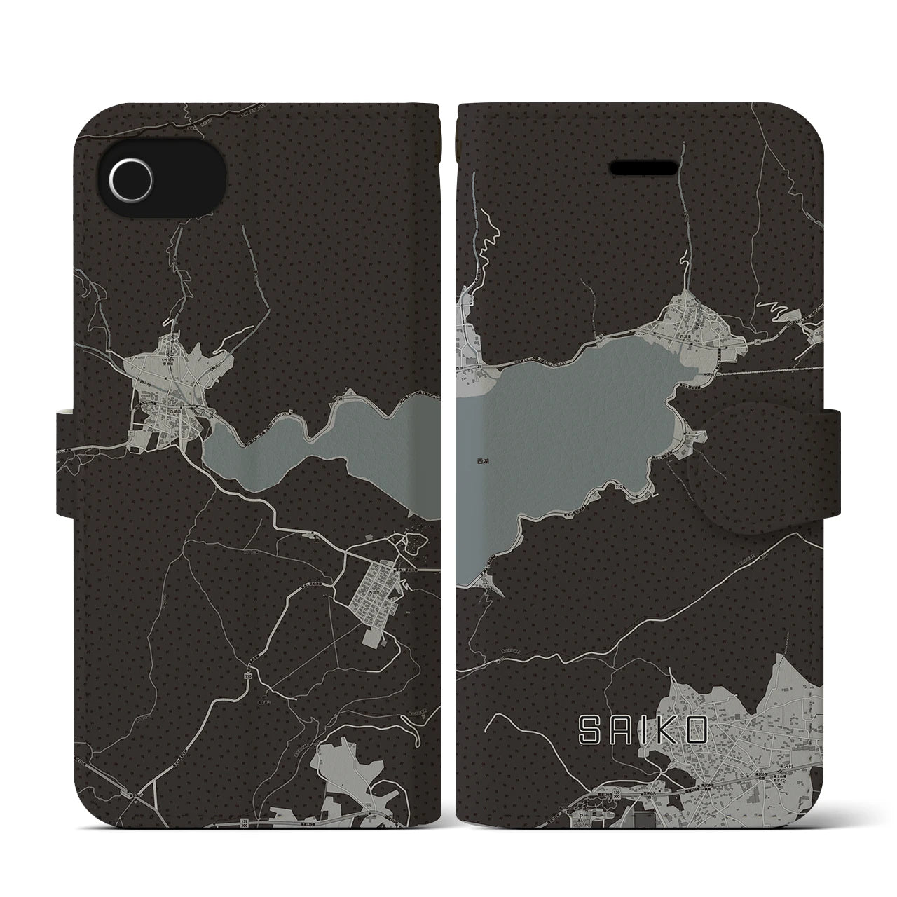 【西湖(山梨県)】地図柄iPhoneケース(手帳タイプ)モノトーン・iPhone SE(第3 / 第2世代) / 8 / 7 / 6s / 6 用