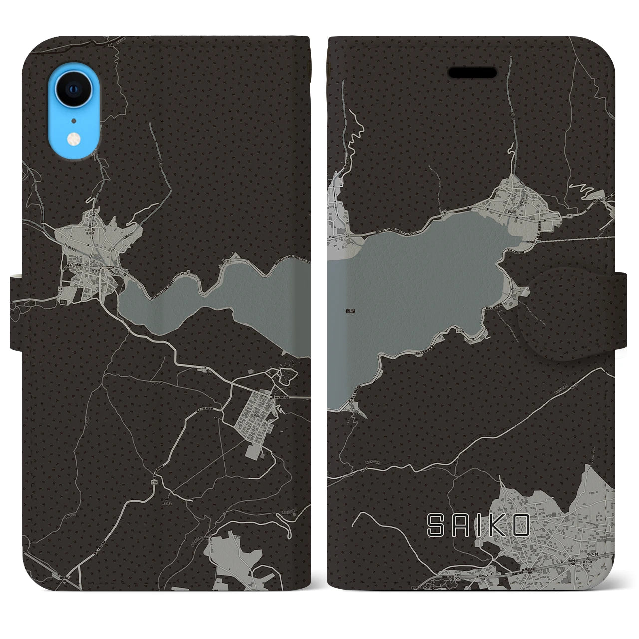 【西湖(山梨県)】地図柄iPhoneケース(手帳タイプ)モノトーン・iPhone XR 用
