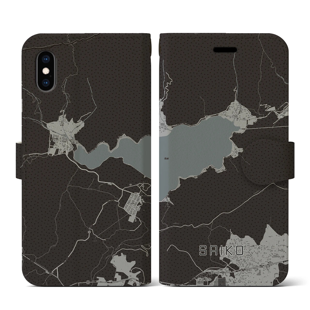 【西湖(山梨県)】地図柄iPhoneケース(手帳タイプ)モノトーン・iPhone XS / X 用