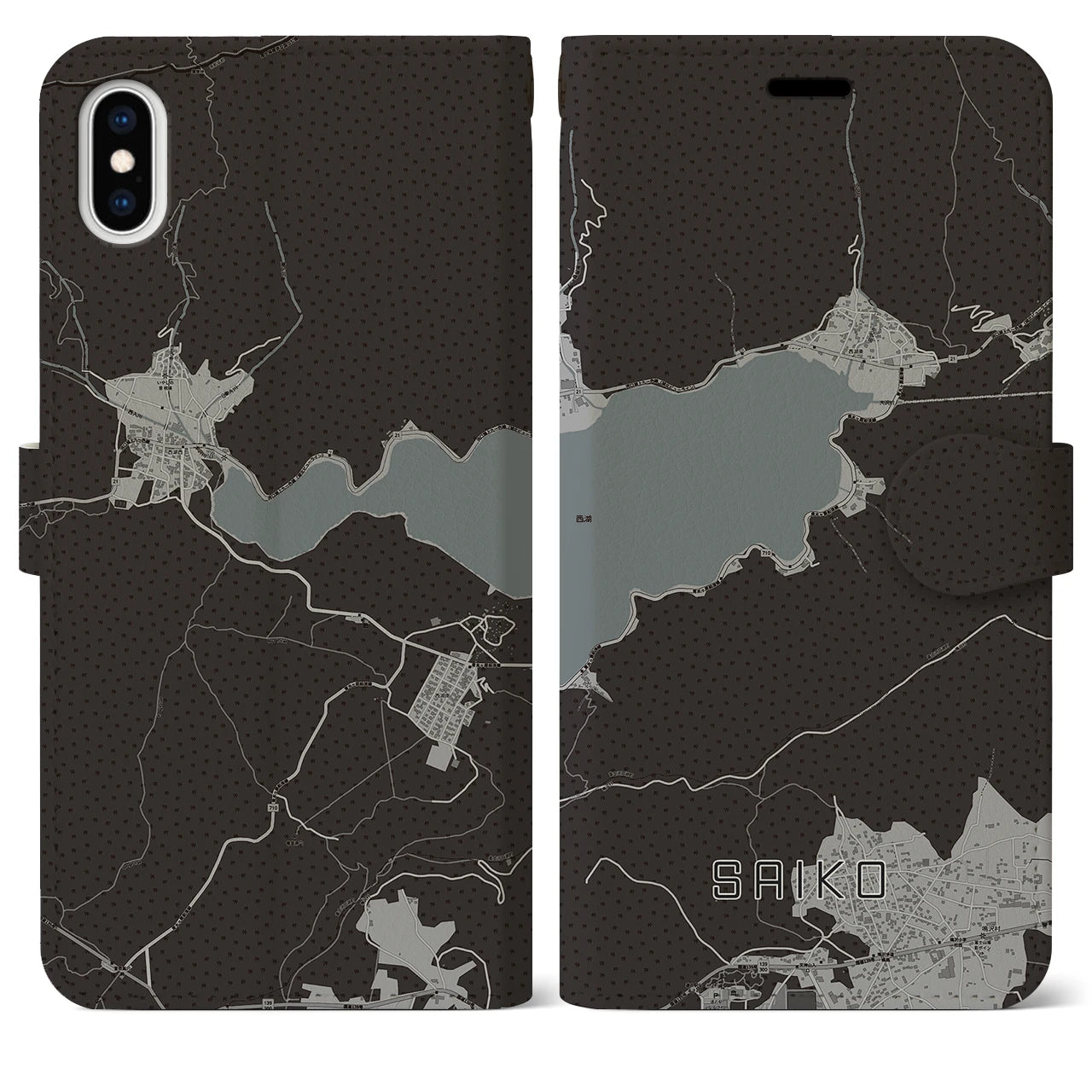 【西湖(山梨県)】地図柄iPhoneケース(手帳タイプ)モノトーン・iPhone XS Max 用