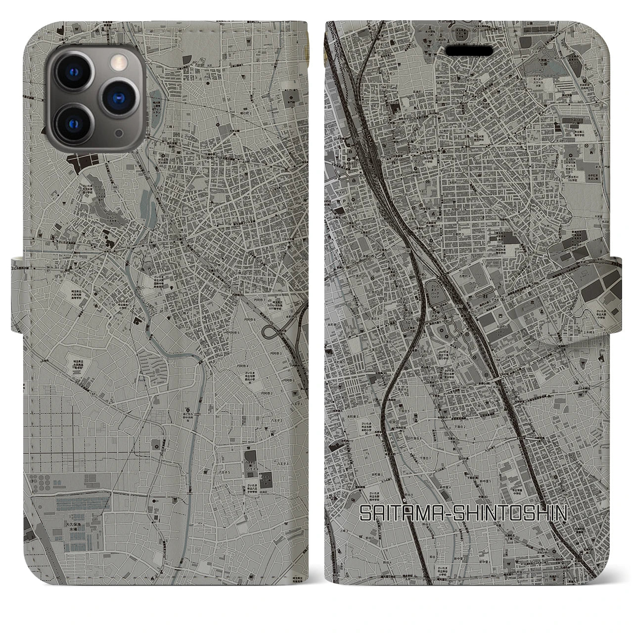 【さいたま新都心(埼玉県)】地図柄iPhoneケース(手帳タイプ)モノトーン・iPhone 11 Pro Max 用