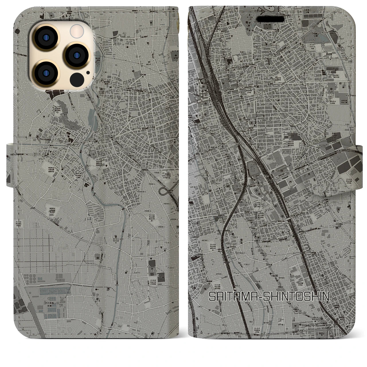 【さいたま新都心(埼玉県)】地図柄iPhoneケース(手帳タイプ)モノトーン・iPhone 12 Pro Max 用