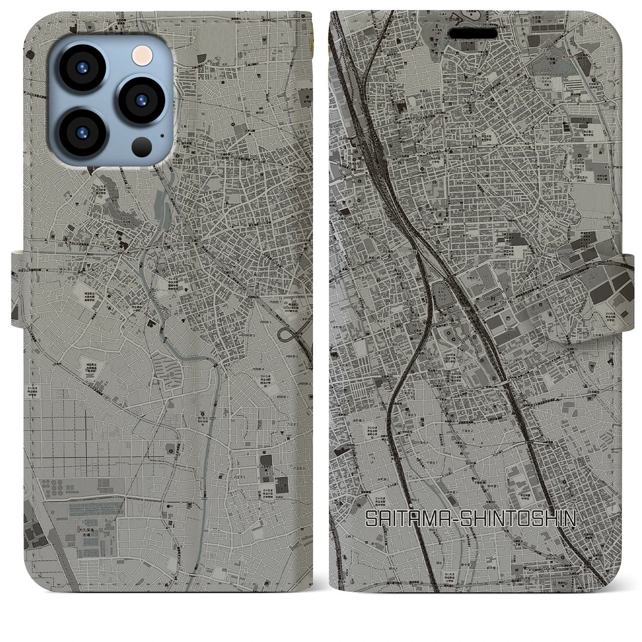 【さいたま新都心(埼玉県)】地図柄iPhoneケース(手帳タイプ)モノトーン・iPhone 13 Pro Max 用