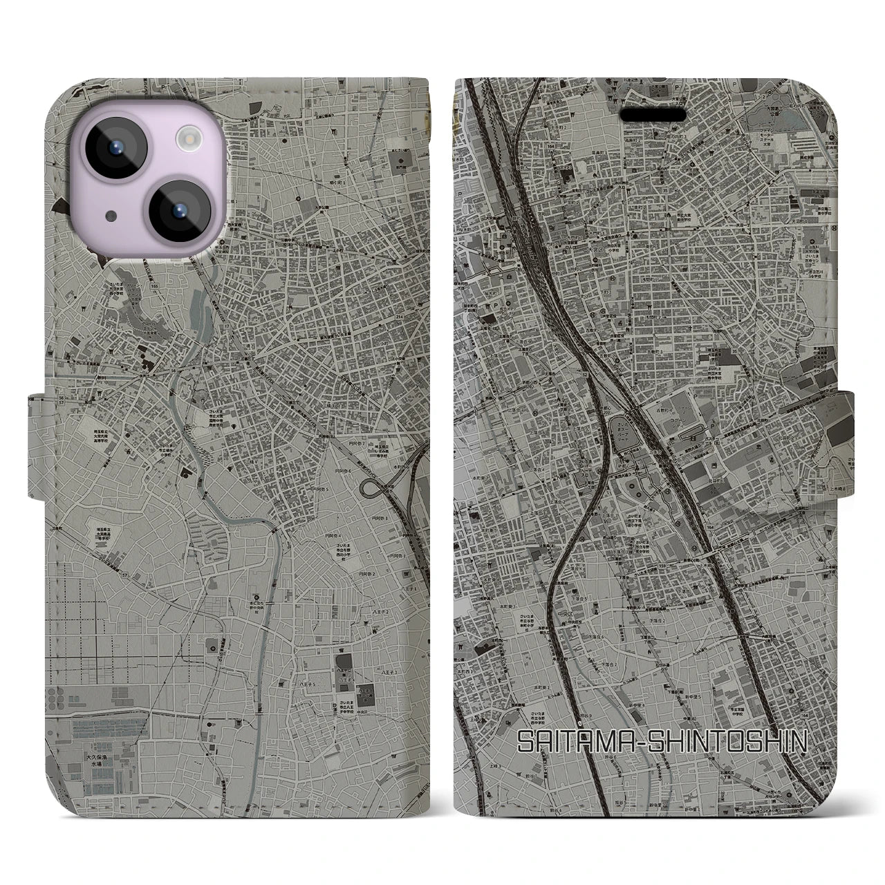 【さいたま新都心(埼玉県)】地図柄iPhoneケース(手帳タイプ)モノトーン・iPhone 14 用