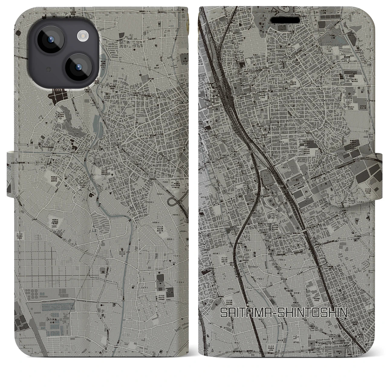 【さいたま新都心(埼玉県)】地図柄iPhoneケース(手帳タイプ)モノトーン・iPhone 14 Plus 用