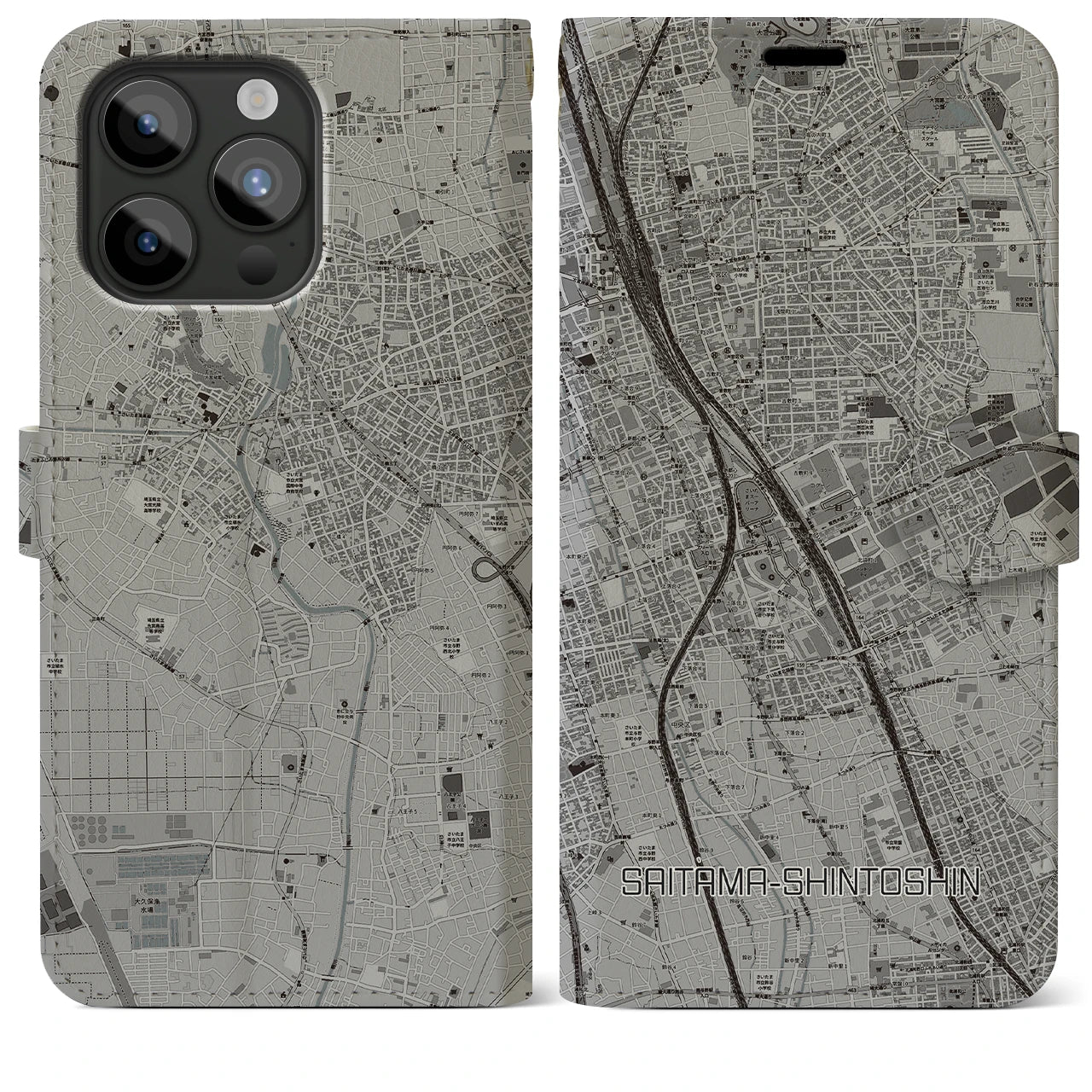 【さいたま新都心(埼玉県)】地図柄iPhoneケース(手帳タイプ)モノトーン・iPhone 15 Pro Max 用
