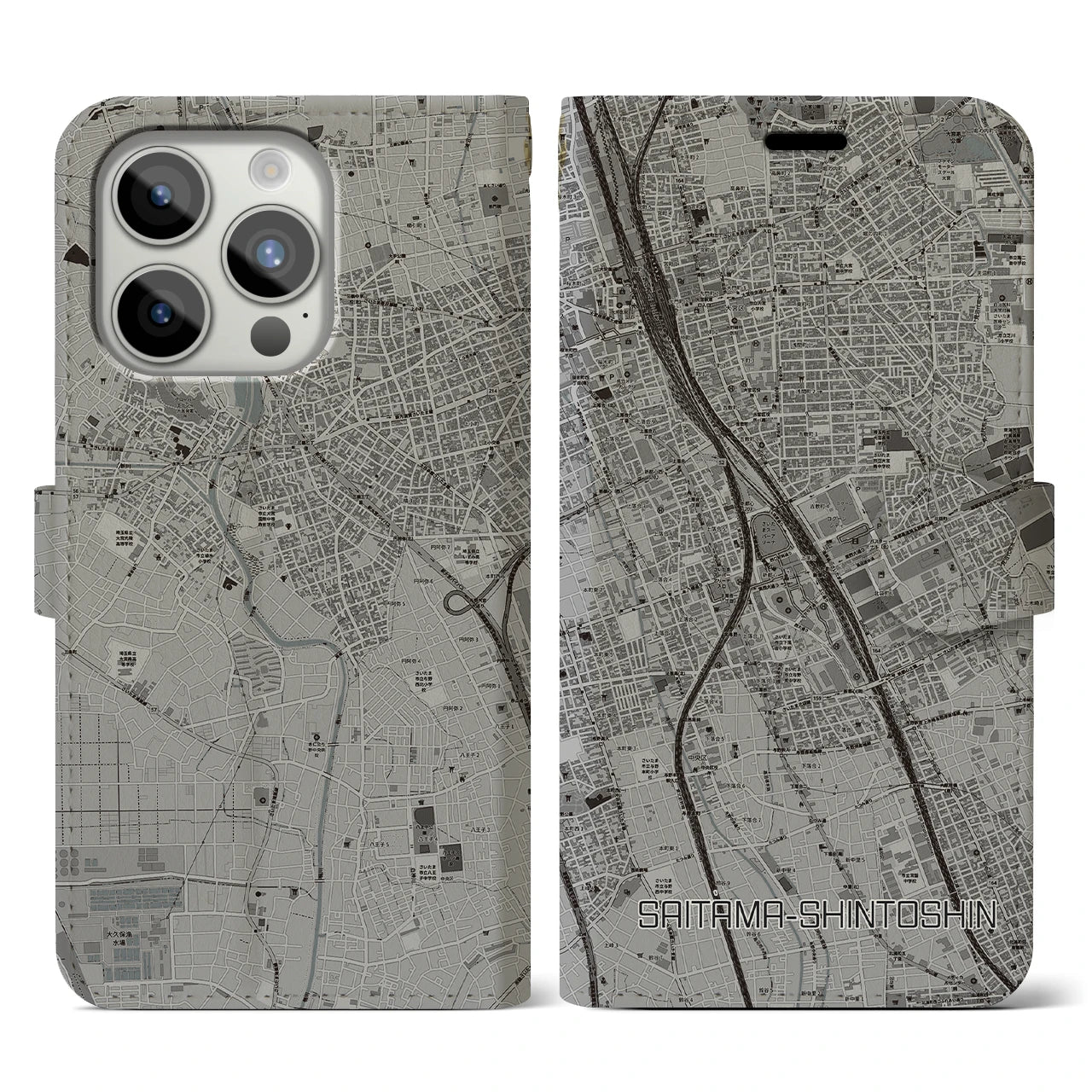 【さいたま新都心(埼玉県)】地図柄iPhoneケース(手帳タイプ)モノトーン・iPhone 15 Pro 用