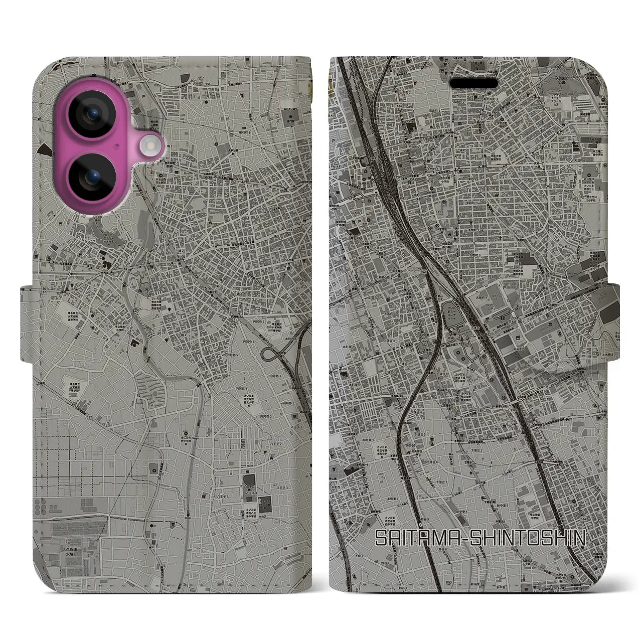 【さいたま新都心(埼玉県)】地図柄iPhoneケース(手帳タイプ)モノトーン・iPhone 16 Pro 用