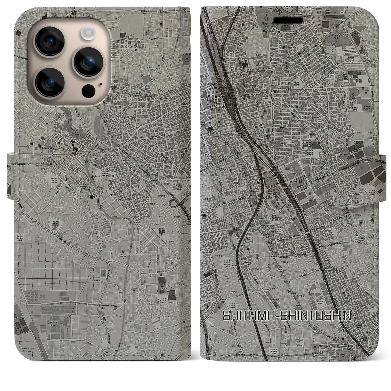 【さいたま新都心(埼玉県)】地図柄iPhoneケース(手帳タイプ)モノトーン・iPhone 16 Plus 用
