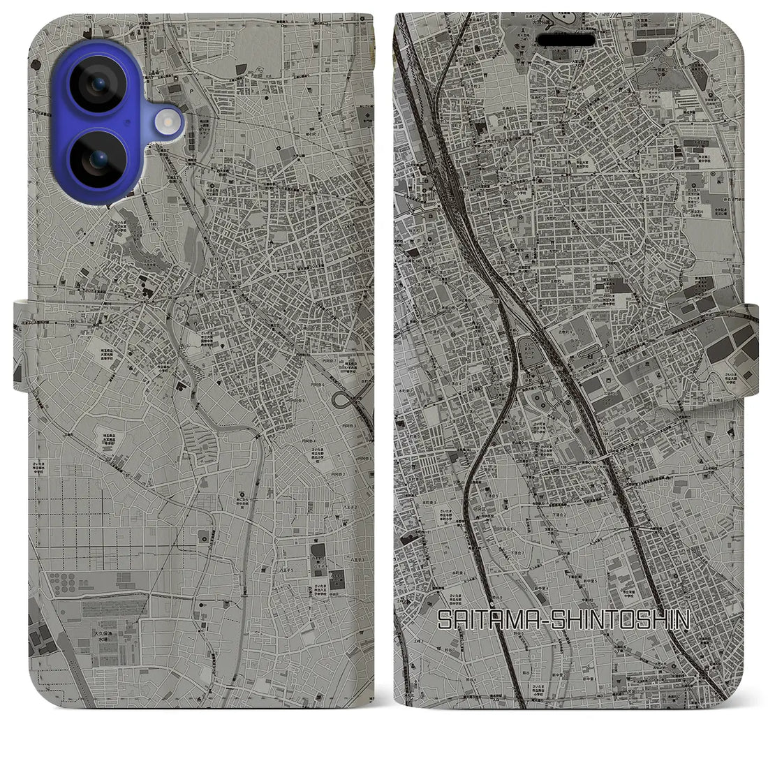 【さいたま新都心(埼玉県)】地図柄iPhoneケース(手帳タイプ)モノトーン・iPhone 16 Pro Max 用