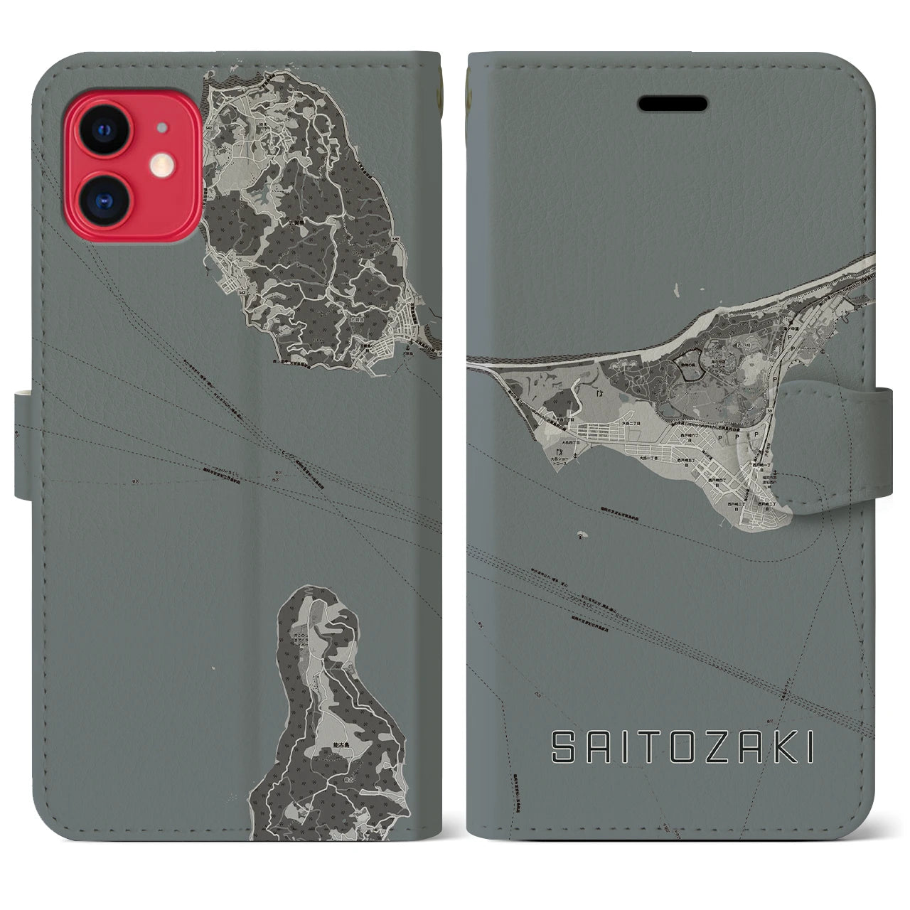 【西戸崎(福岡県)】地図柄iPhoneケース(手帳タイプ)モノトーン・iPhone 11 用