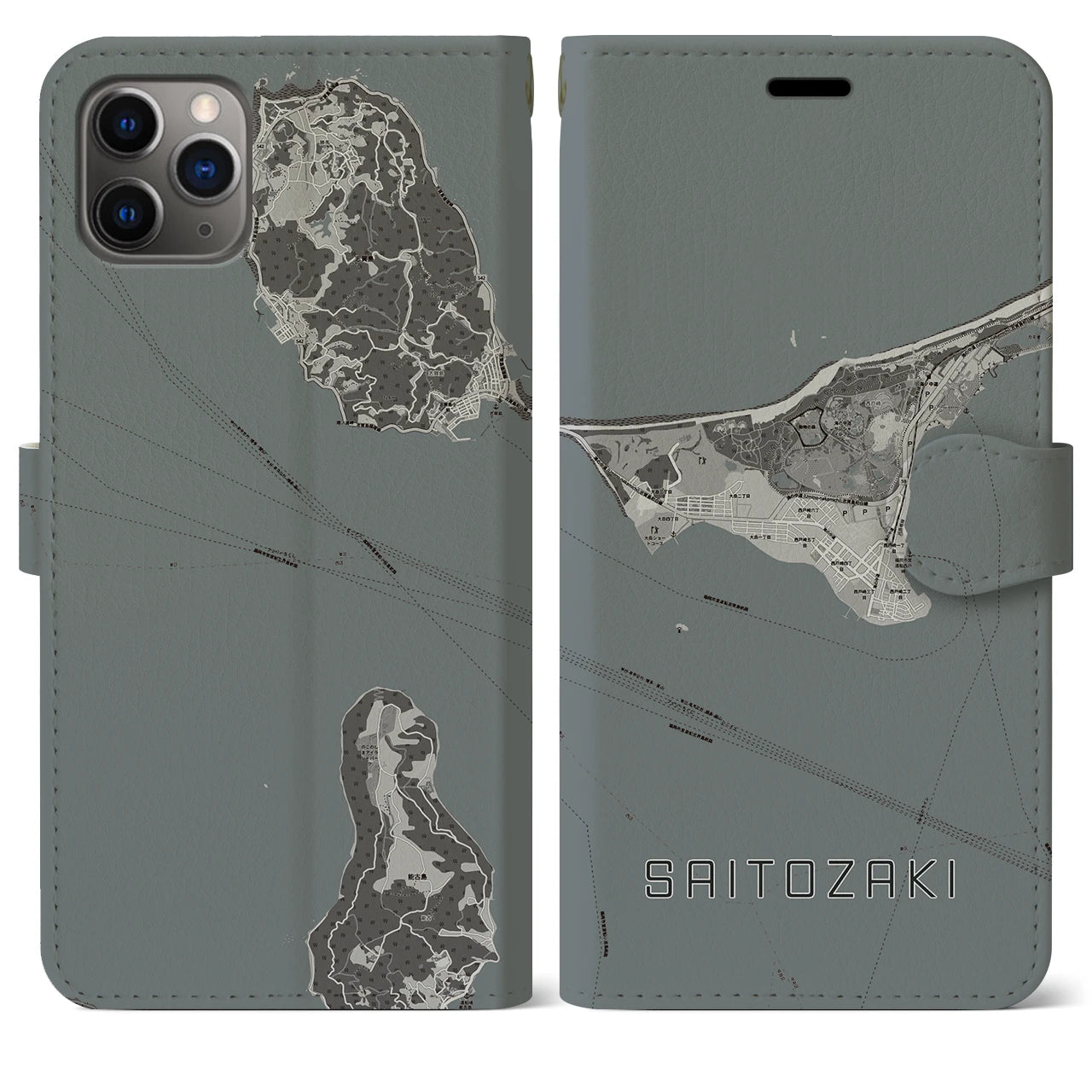 【西戸崎(福岡県)】地図柄iPhoneケース(手帳タイプ)モノトーン・iPhone 11 Pro Max 用