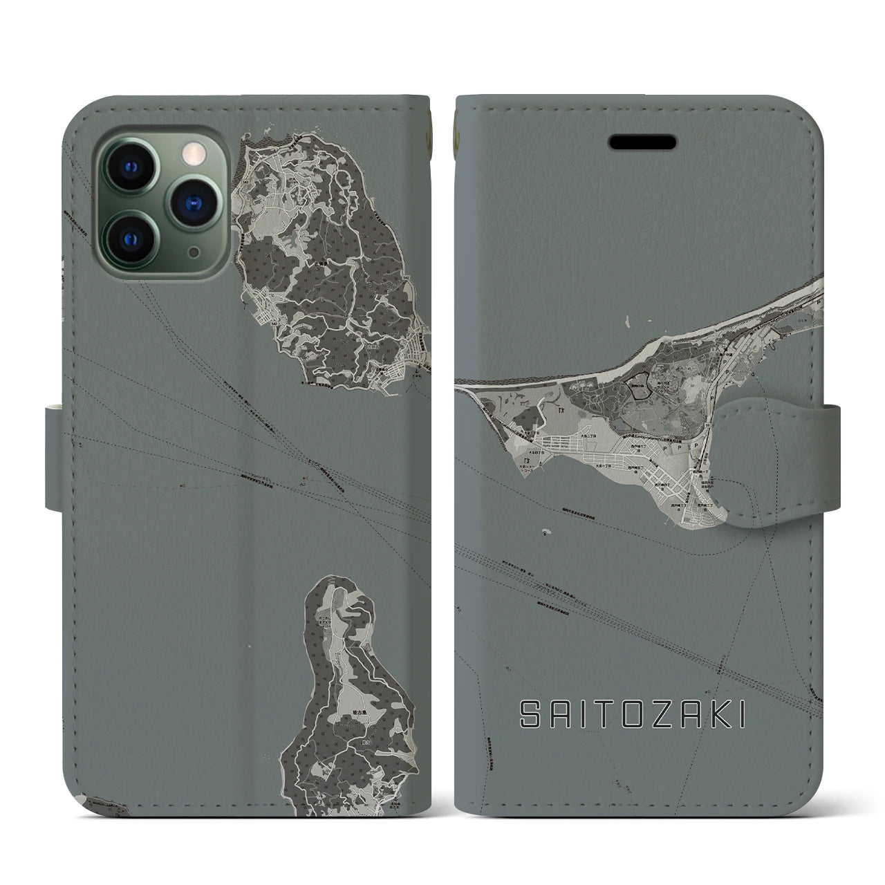 【西戸崎(福岡県)】地図柄iPhoneケース(手帳タイプ)モノトーン・iPhone 11 Pro 用