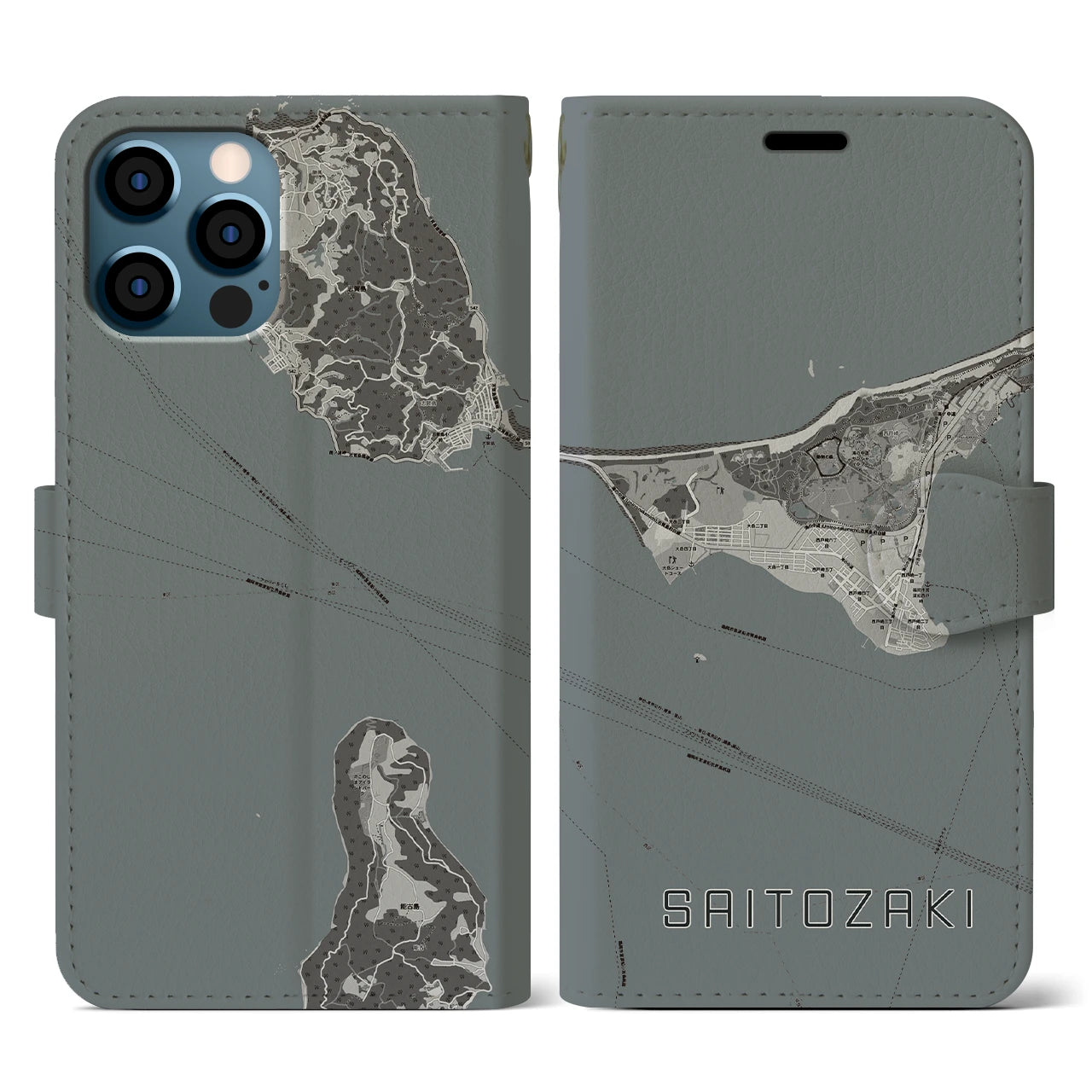 【西戸崎(福岡県)】地図柄iPhoneケース(手帳タイプ)モノトーン・iPhone 12 / 12 Pro 用