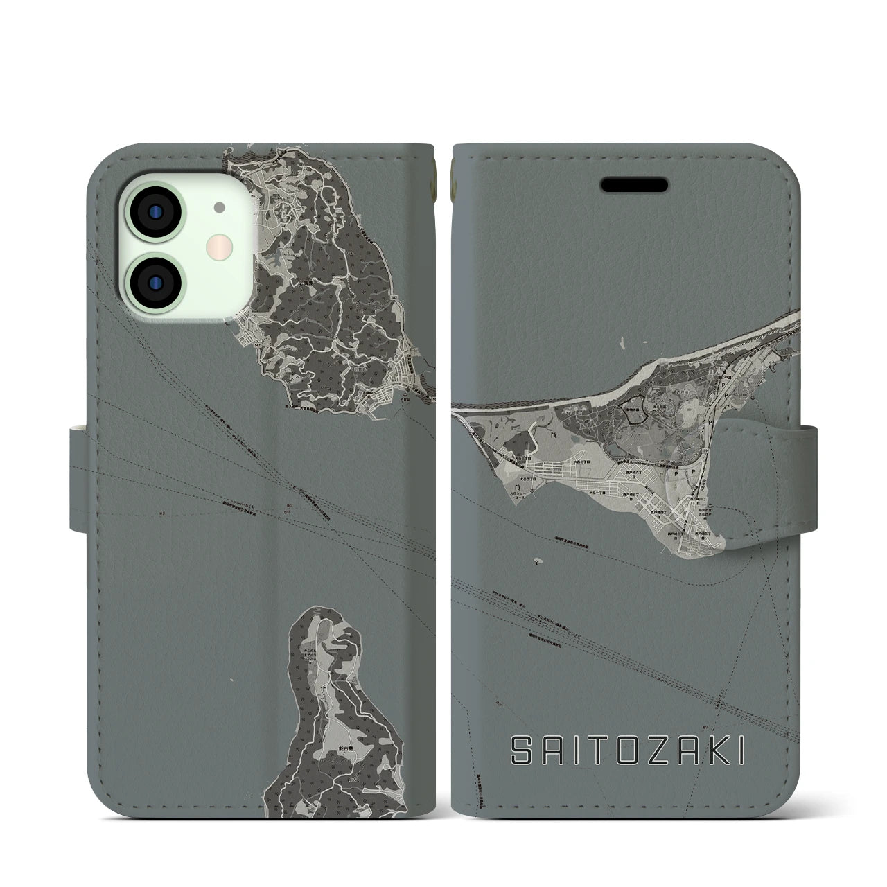 【西戸崎(福岡県)】地図柄iPhoneケース(手帳タイプ)モノトーン・iPhone 12 mini 用