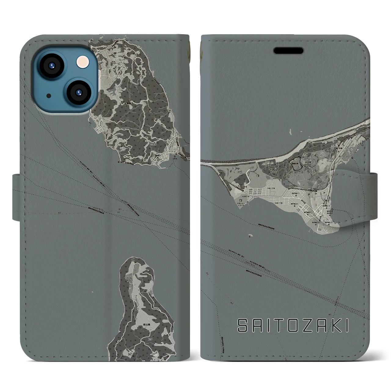 【西戸崎(福岡県)】地図柄iPhoneケース(手帳タイプ)モノトーン・iPhone 13 用