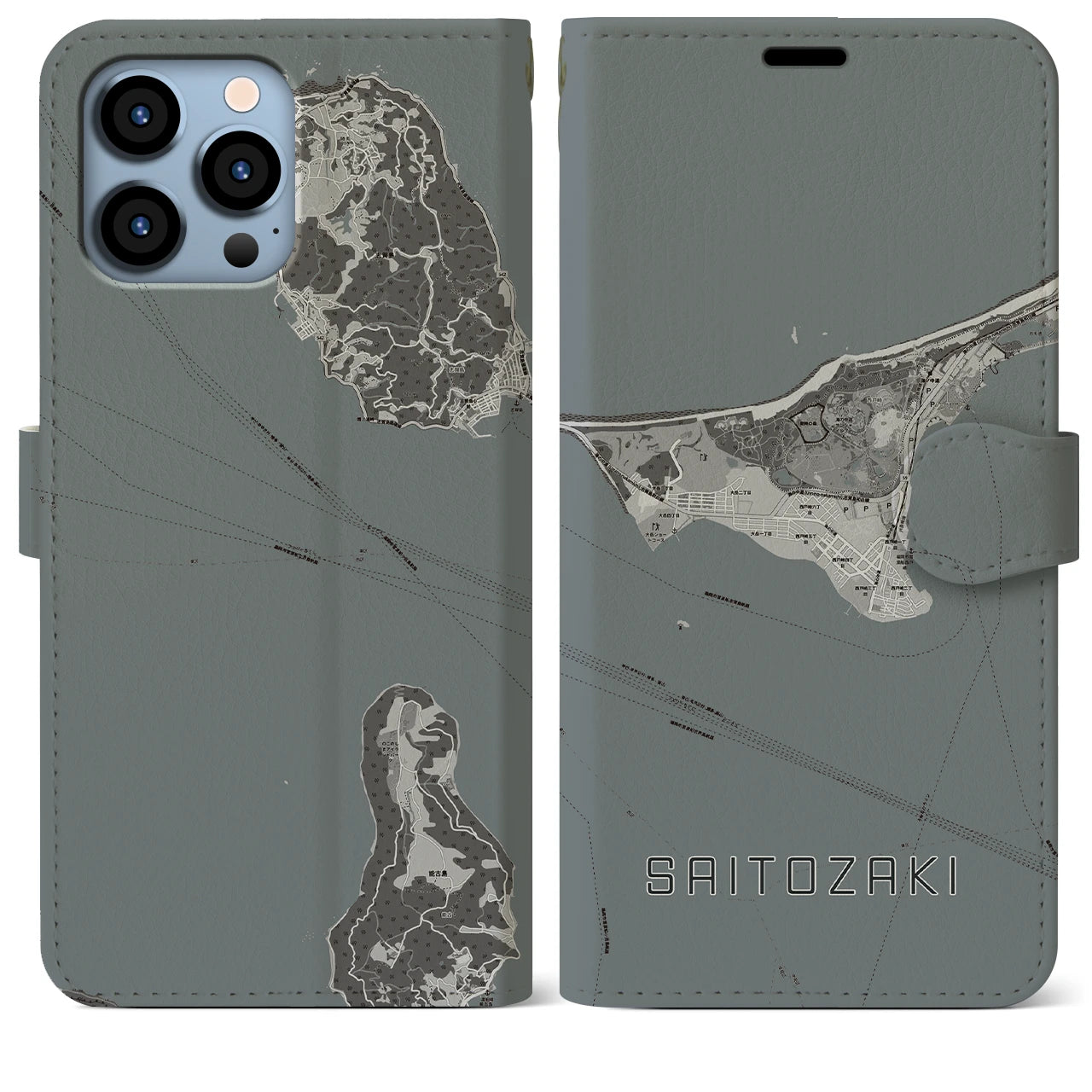 【西戸崎(福岡県)】地図柄iPhoneケース(手帳タイプ)モノトーン・iPhone 13 Pro Max 用