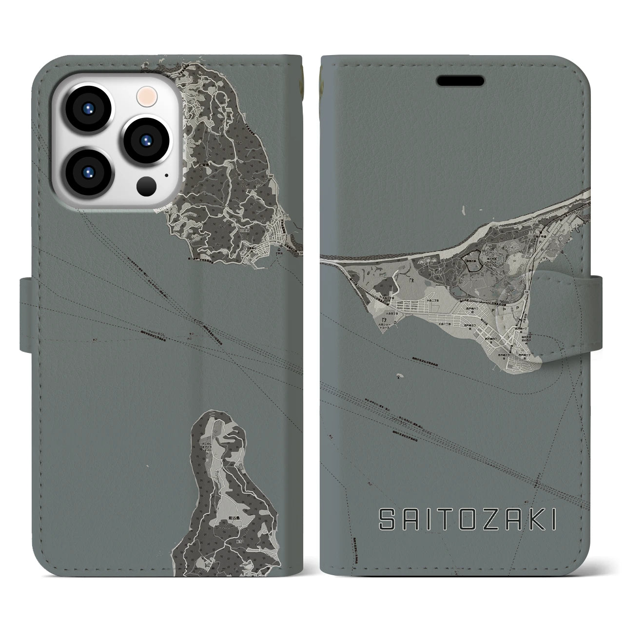 【西戸崎(福岡県)】地図柄iPhoneケース(手帳タイプ)モノトーン・iPhone 13 Pro 用