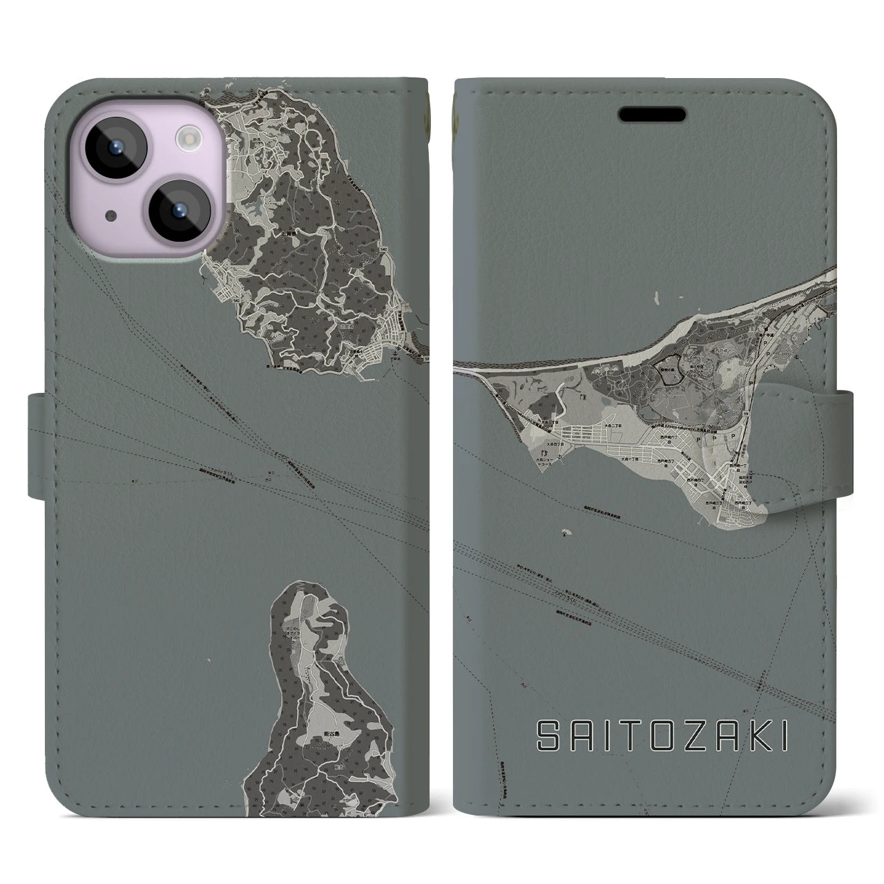 【西戸崎(福岡県)】地図柄iPhoneケース(手帳タイプ)モノトーン・iPhone 14 用