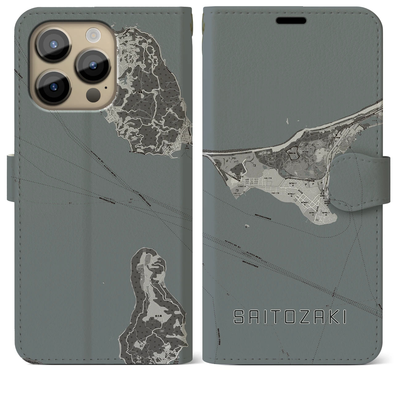 【西戸崎(福岡県)】地図柄iPhoneケース(手帳タイプ)モノトーン・iPhone 14 Pro Max 用