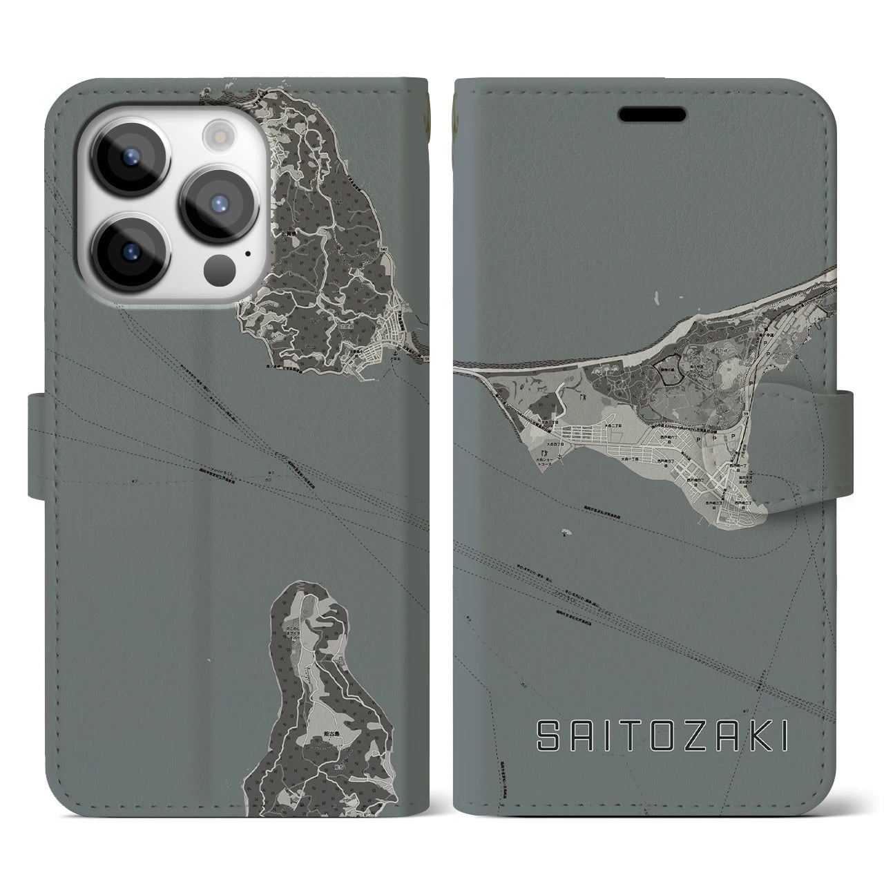 【西戸崎(福岡県)】地図柄iPhoneケース(手帳タイプ)モノトーン・iPhone 14 Pro 用