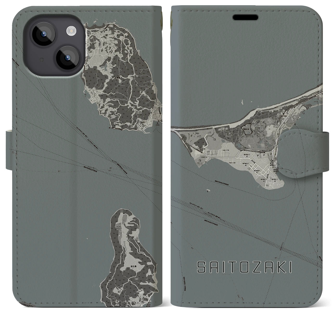 【西戸崎(福岡県)】地図柄iPhoneケース(手帳タイプ)モノトーン・iPhone 14 Plus 用