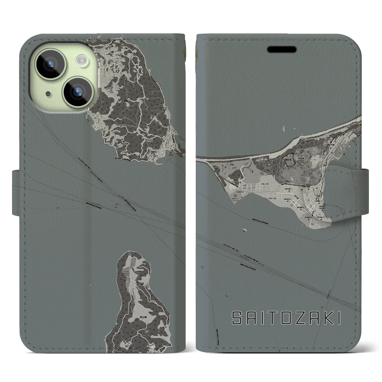 【西戸崎(福岡県)】地図柄iPhoneケース(手帳タイプ)モノトーン・iPhone 15 用