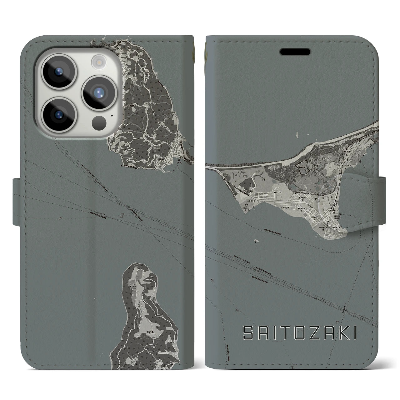 【西戸崎(福岡県)】地図柄iPhoneケース(手帳タイプ)モノトーン・iPhone 15 Pro 用