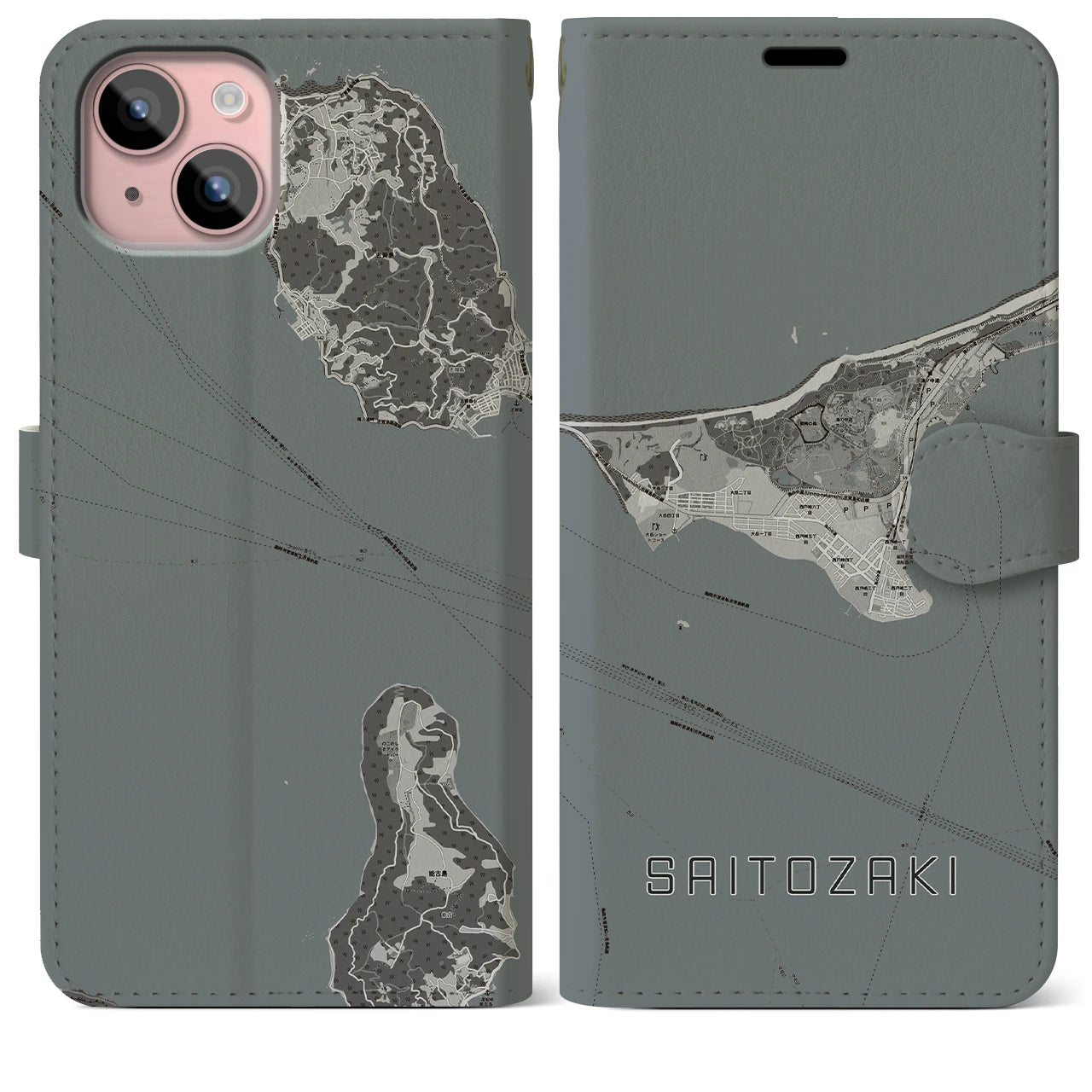 【西戸崎(福岡県)】地図柄iPhoneケース(手帳タイプ)モノトーン・iPhone 15 Plus 用