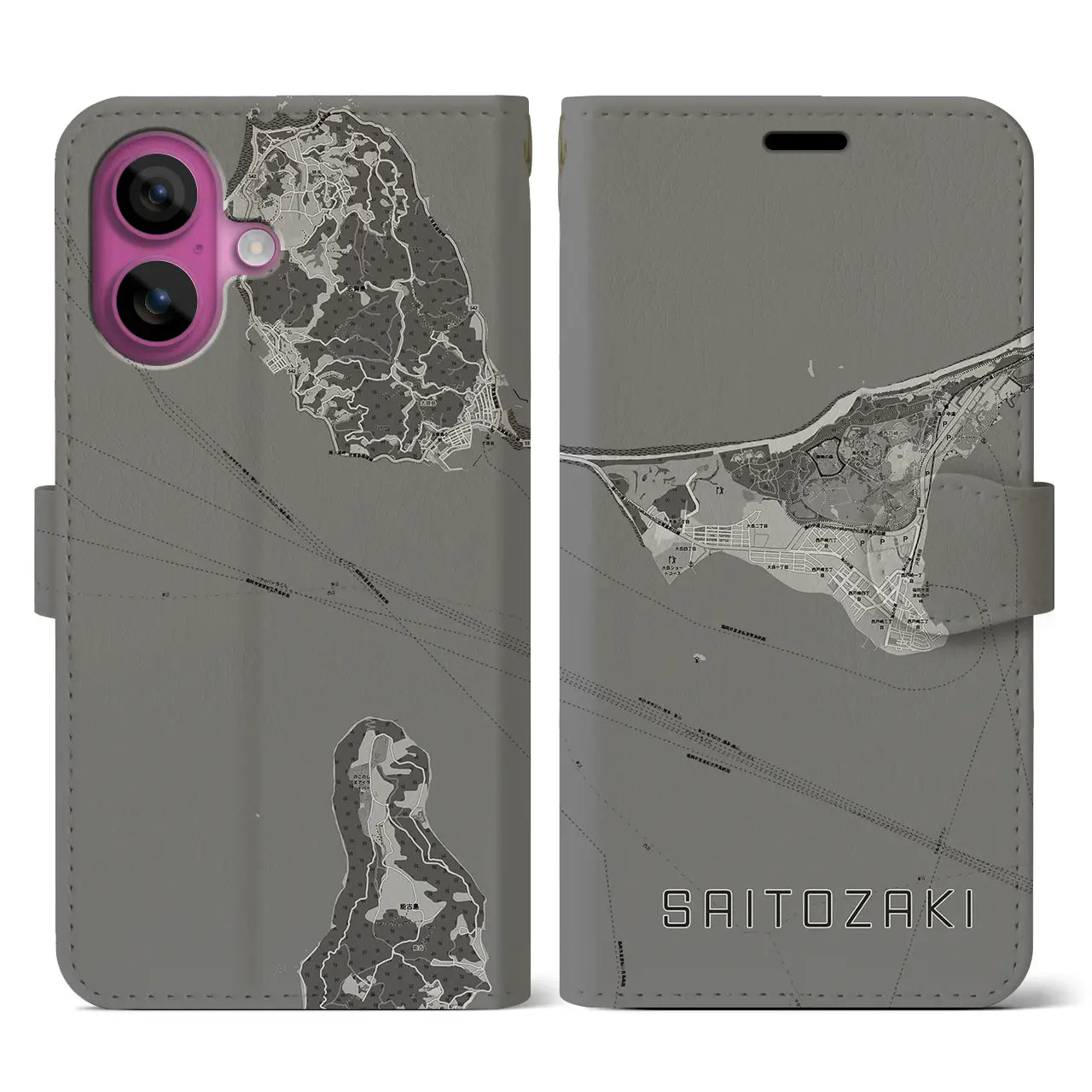 【西戸崎(福岡県)】地図柄iPhoneケース(手帳タイプ)モノトーン・iPhone 16 Pro 用