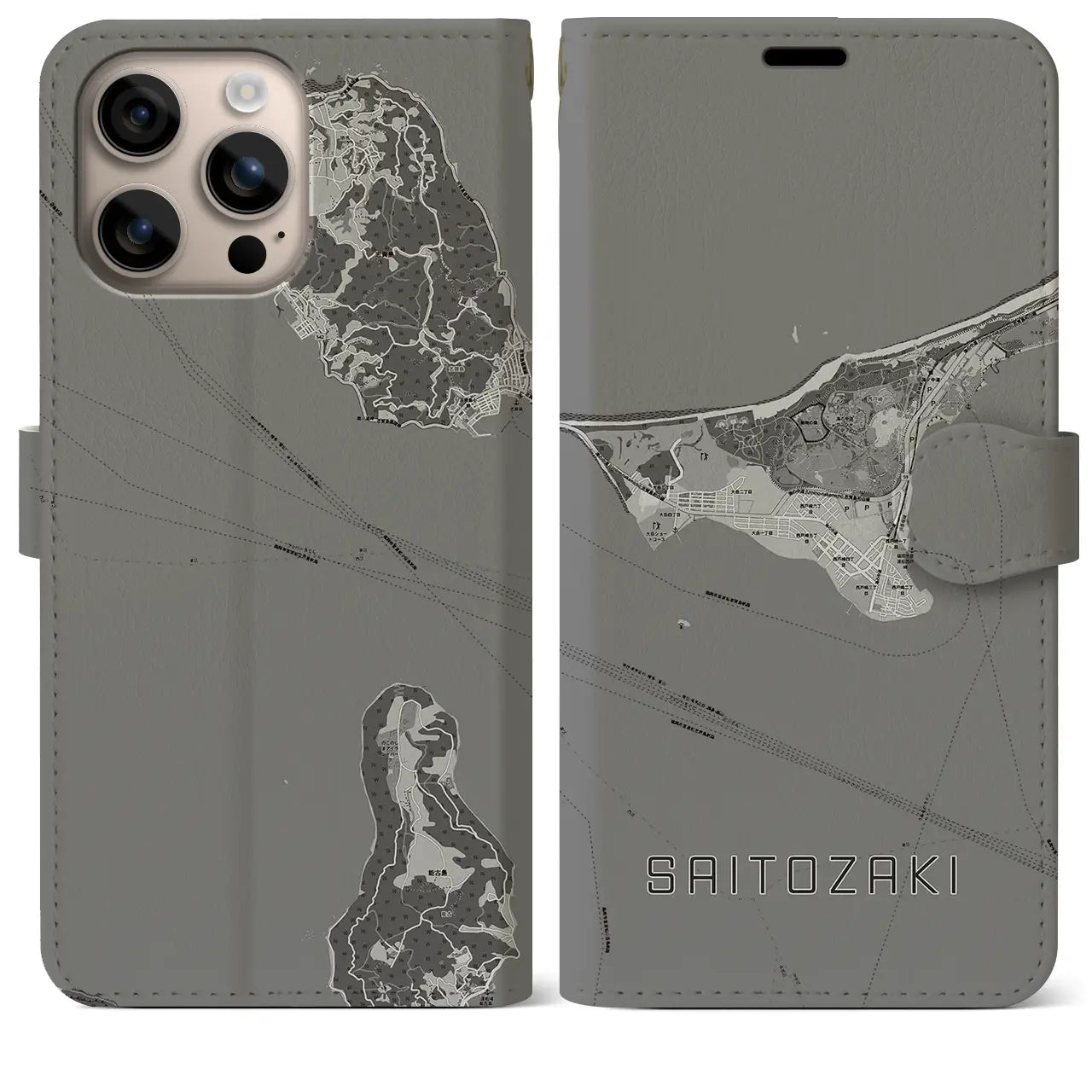 【西戸崎(福岡県)】地図柄iPhoneケース(手帳タイプ)モノトーン・iPhone 16 Plus 用