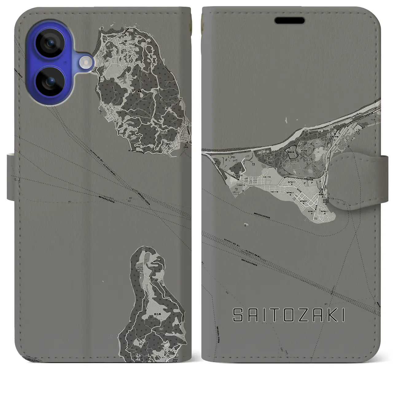 【西戸崎(福岡県)】地図柄iPhoneケース(手帳タイプ)モノトーン・iPhone 16 Pro Max 用