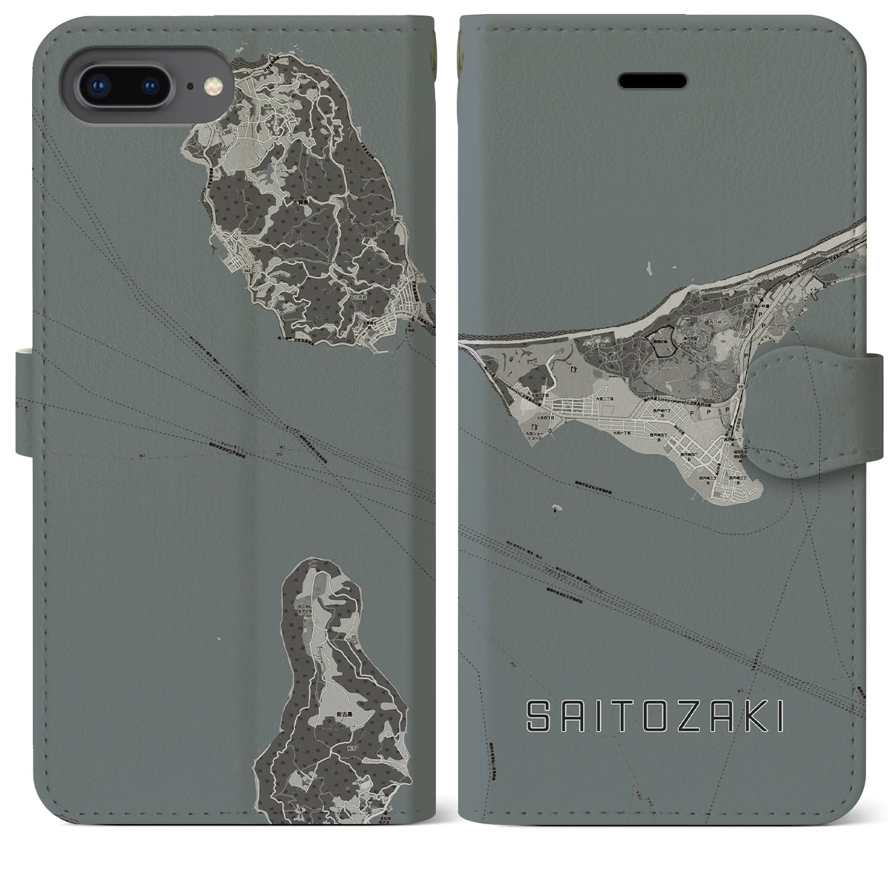 【西戸崎(福岡県)】地図柄iPhoneケース(手帳タイプ)モノトーン・iPhone 8Plus /7Plus / 6sPlus / 6Plus 用