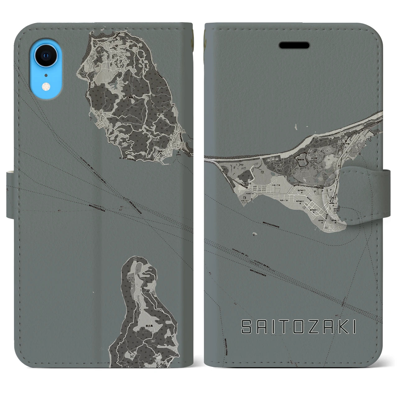 【西戸崎(福岡県)】地図柄iPhoneケース(手帳タイプ)モノトーン・iPhone XR 用