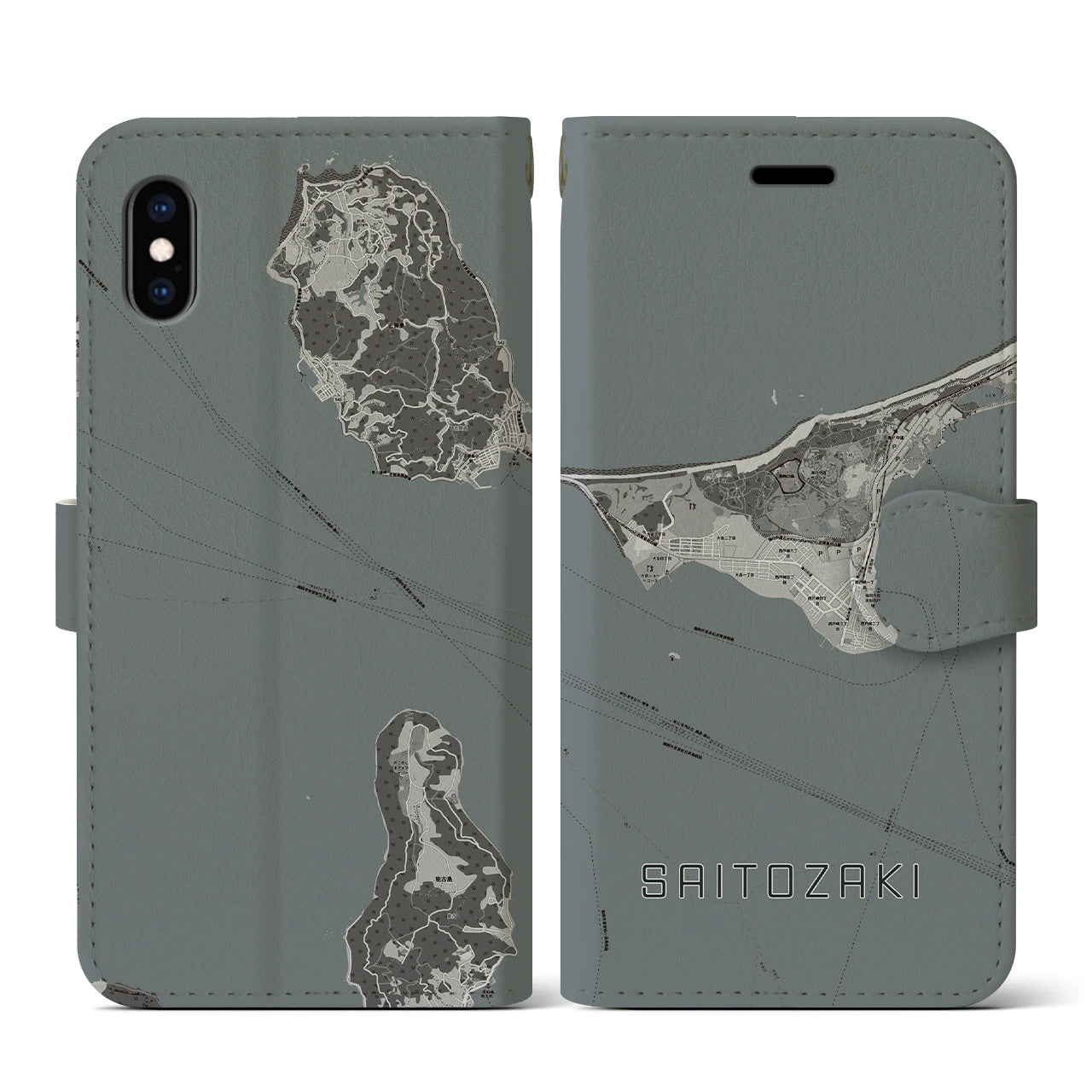 【西戸崎(福岡県)】地図柄iPhoneケース(手帳タイプ)モノトーン・iPhone XS / X 用