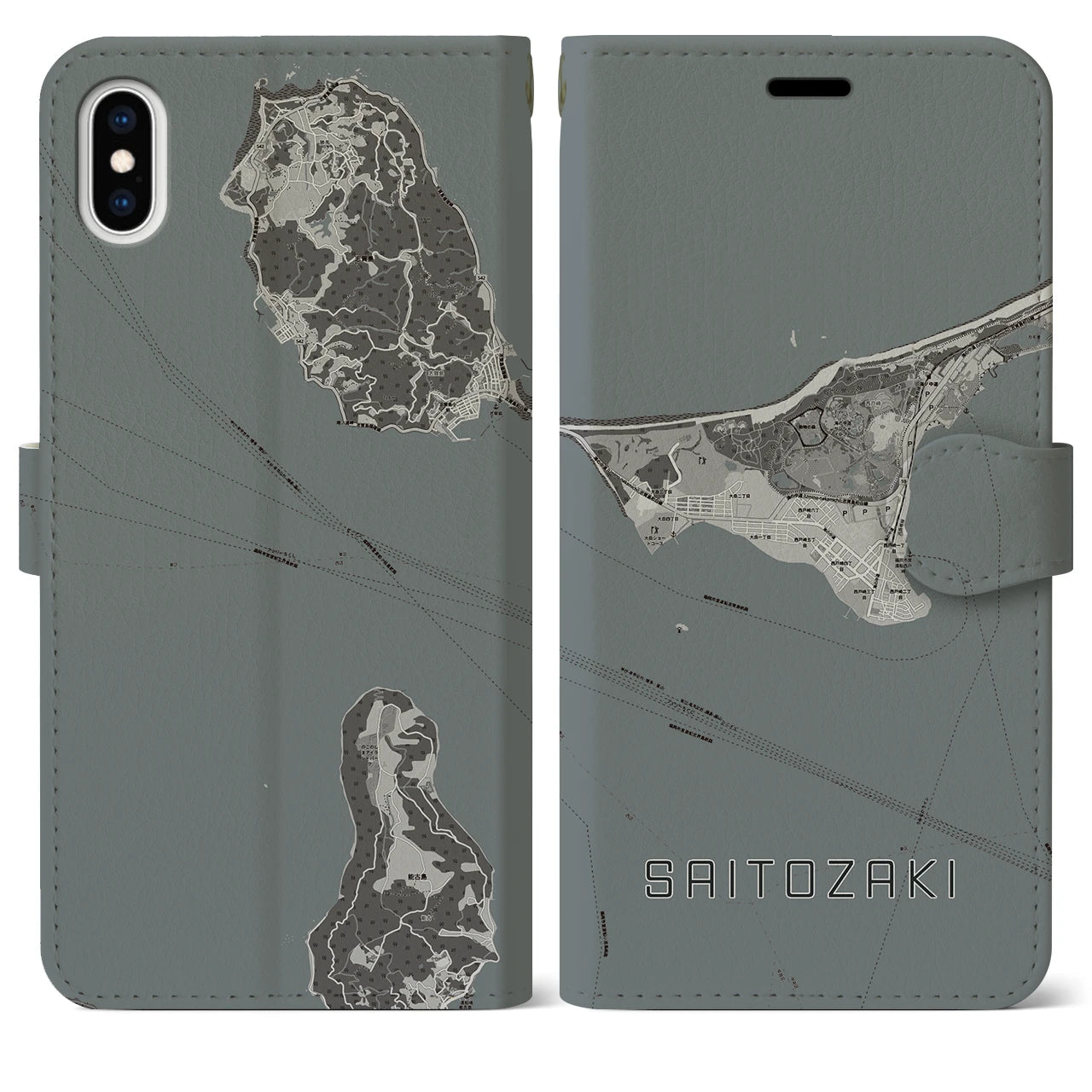 【西戸崎(福岡県)】地図柄iPhoneケース(手帳タイプ)モノトーン・iPhone XS Max 用