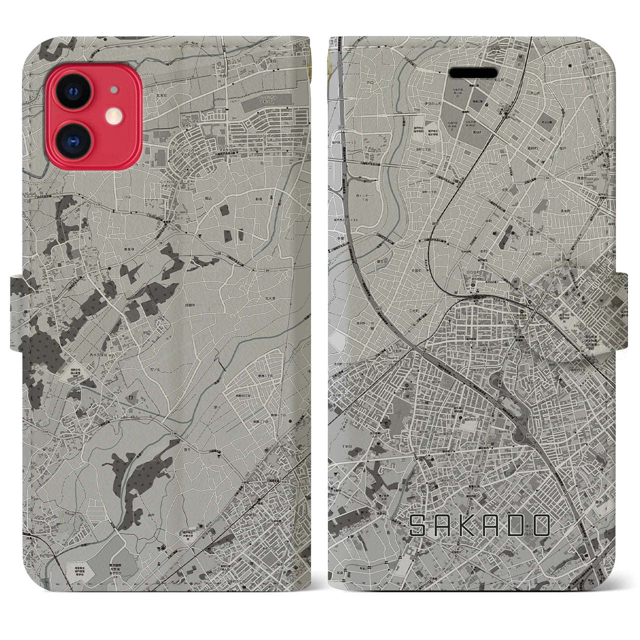 【坂戸(埼玉県)】地図柄iPhoneケース(手帳タイプ)モノトーン・iPhone 11 用