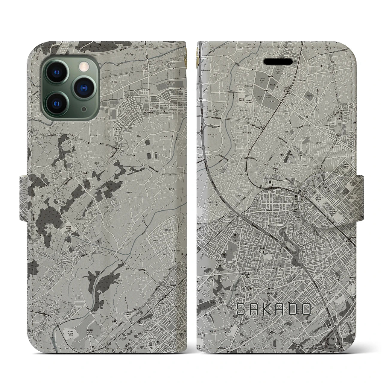 【坂戸(埼玉県)】地図柄iPhoneケース(手帳タイプ)モノトーン・iPhone 11 Pro 用