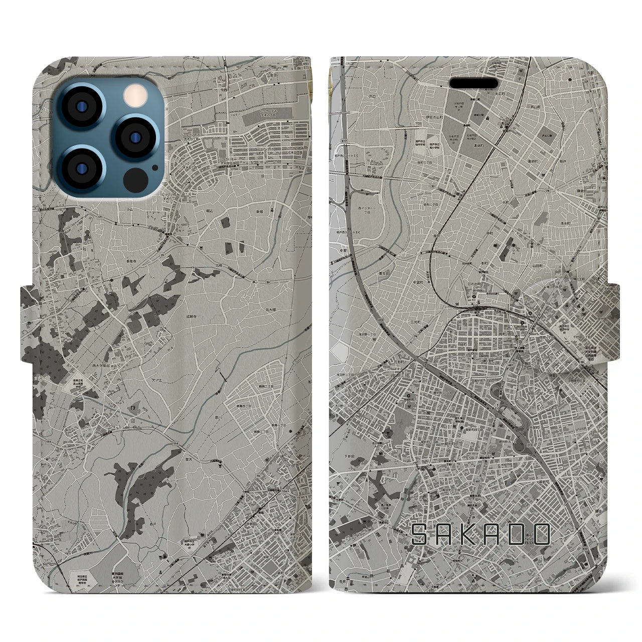 【坂戸(埼玉県)】地図柄iPhoneケース(手帳タイプ)モノトーン・iPhone 12 / 12 Pro 用
