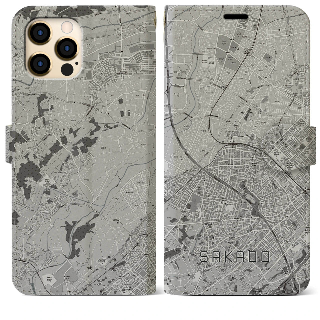 【坂戸(埼玉県)】地図柄iPhoneケース(手帳タイプ)モノトーン・iPhone 12 Pro Max 用